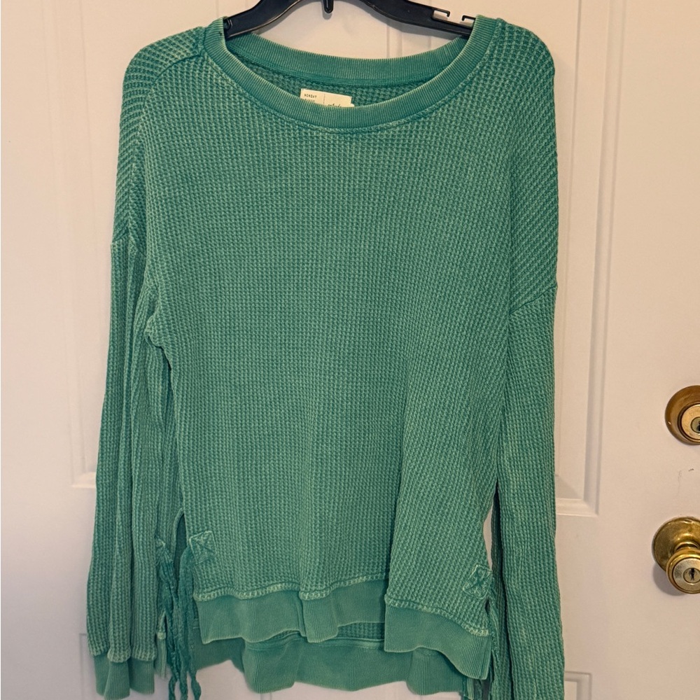 Anthropologie Saturday Sunday Green Long Sleeve Waffle Thermal Top